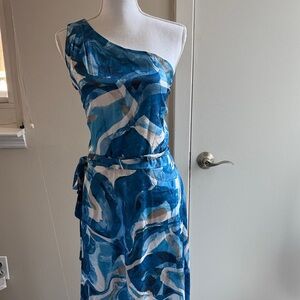 Nicole Miller One-Shoulder Blue Patterned Dress